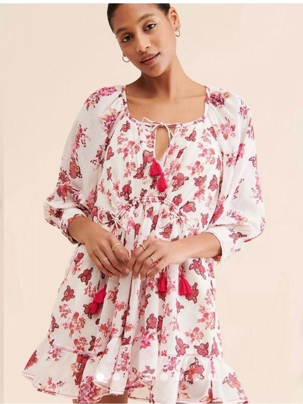 Free People White Mini Dress with Pink Floral Tassels